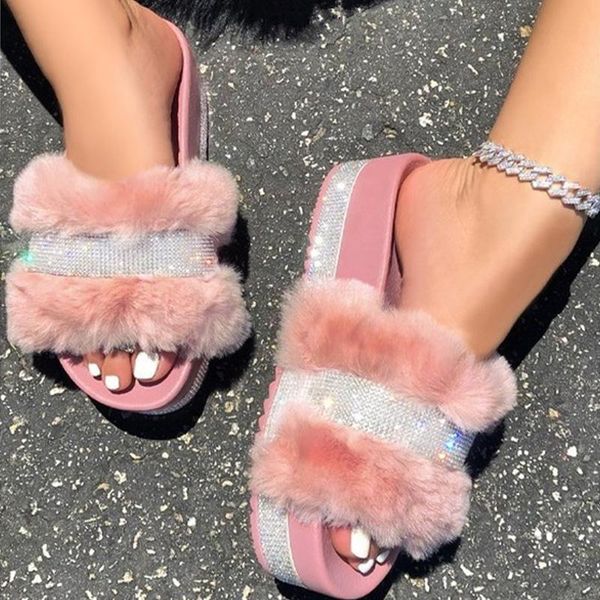 

women slippers fashion furry fluffy slides home flip flops crystal house platform shoes woman female ladies slippersslippers, Black