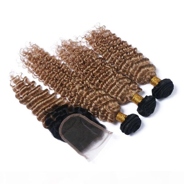 

dark root 1b 27 honey blonde ombre peruvian virgin hair with lace closure deep wave light brown ombre 3bundles with 4x4 lace closure, Black