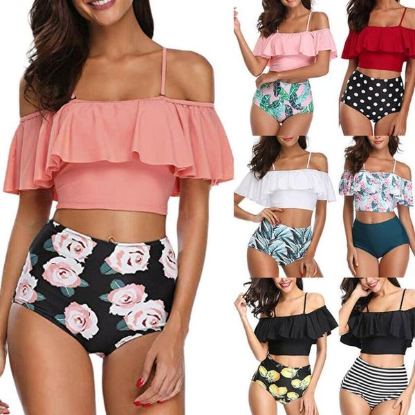 

women two piece bikini bathing suits ruffled with high waisted bottom bikini set