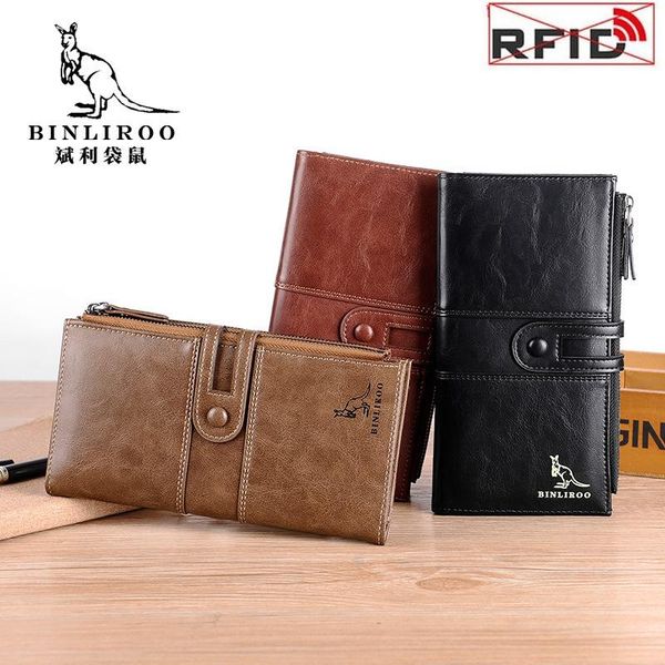 

wallets 2021 men's long wallet vintage genuine leather anti theft rfid zipper purse card holder bag, Red;black