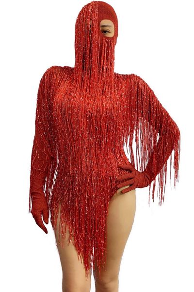 

red full fringe long gloves bodysuit headdress birthday outfits for women club dress stage wear dance performance costume, Black;red