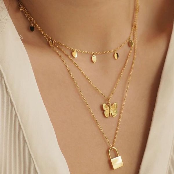 

pendant necklaces vintage lock butterfly for women multilayer gold color sequins clavicle chain weddings charm jewelry, Silver