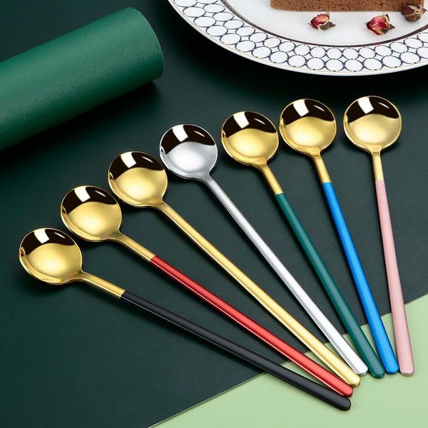 

forks rainbow color long handle stainless steel coffee spoon ice cream dessert