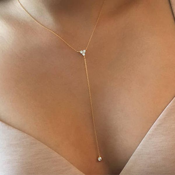 

2021 925 sterling silver simple long chain lariat necklace triangle round cz charm y shaped minimal deilcate dainty women style
