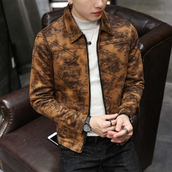 

winter suede jacket mens printed bomber jackets fall fashion jaqueta masculina les vestes homme korean fashion clothing for mens, Black;brown