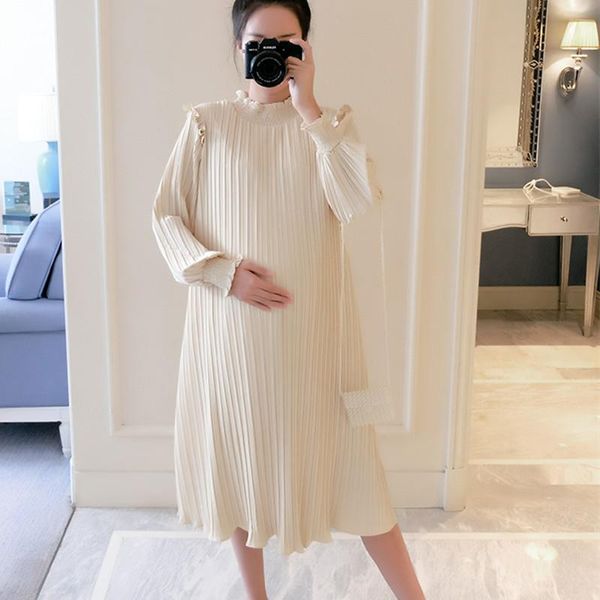 

maternity dresses chiffon pleated long pregnancy dress casual loose maternity clothes for pregnant women fashion 2021 plus size, White
