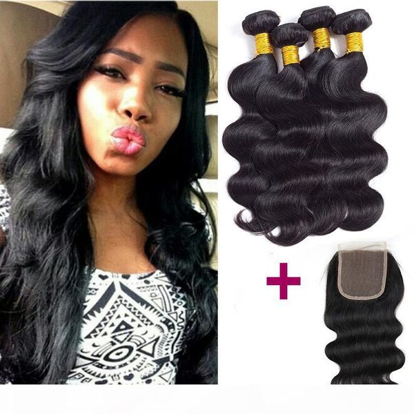 

peruvian virgin body wave human hair weaves bundles with closure indian malaysian straight hair extensions 4 bundles with 4x4 weaves closure, Black;brown
