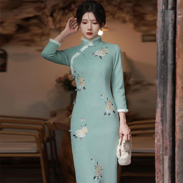 Этническая одежда длинная Cheongsam осень зима 2021 высококлассный элегантный мода молодой китайский стиль с длинным рукавом ежедневное платье подиума