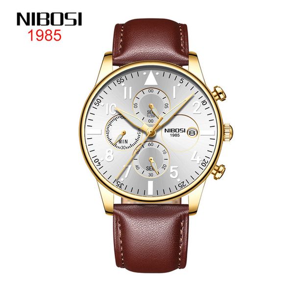 

7 style nibosi cross-border casual men's watch waterproof luminous multifunctional watch leather quartz men's watch white dail gol, Slivery;brown