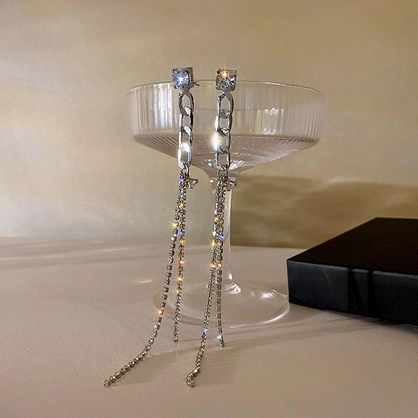 

stud fashion trendy long crystal chain dangle earrings, Golden;silver