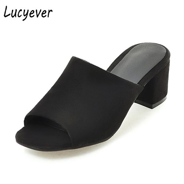 

lucyever summer casual soft leather high heels slippers concise flock solid shoes woman open toe flip flops plus size 34-43 210310, Black