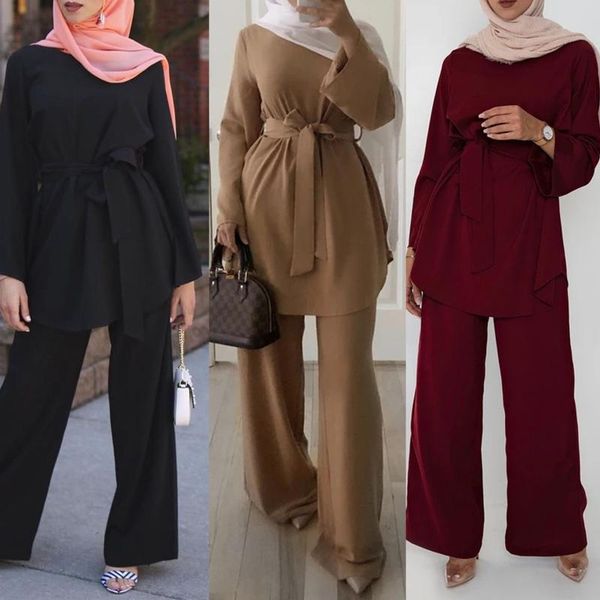 

ethnic clothing nida long wide pant suit women muslim matching 2 pcs fashion set tie waist solid color sleeve islamic dubai turkey wear, Red