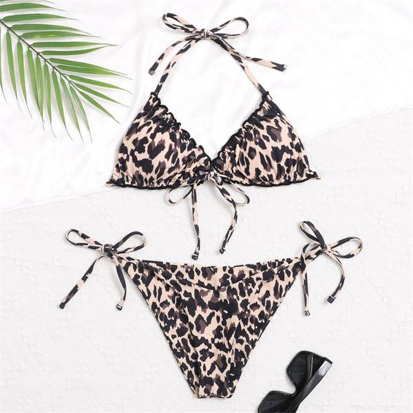 

women's swimwear leopard print lace sling quickdrying bikini fashion low-cut high-waist adjustable straps lightweight split swimsuit, White;black