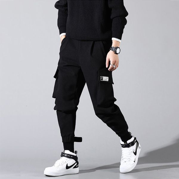 

2021 new japanese vintage fashion casual loose big pocket cargo woolen thick trousers streetwear hip hop jogger pants men 3yek, Black