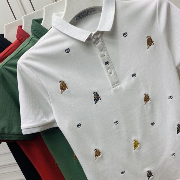 

men's polos summer shirt casual business social short sleeve stand collar embroidered shir, White;black