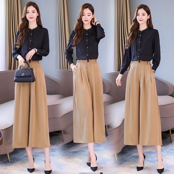 

women's tracksuits 2021 women two pieces sets korean style spring autumn lady shirt blouse and long wide leg pants trousers suits, Gray