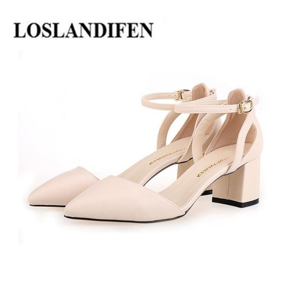 

dress shoes loslandifen 2021 women ankle buckle pointed toe matte sandals for 6cm med high square heel size42 pumps 06982yg, Black