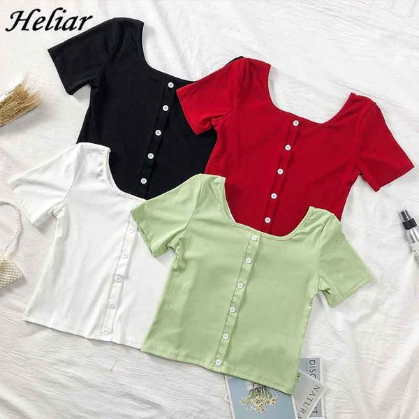 

2021 new women t-shirt button square neck solid knitting tshirt summer short sleeve casual camiseta feminina tee clothes 6z2e, White