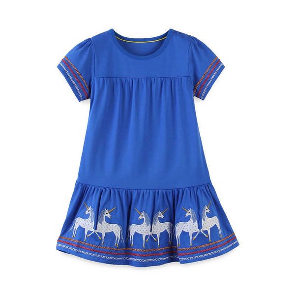 

jumping meters animals applique baby dresses for girls summer clothing cotton children fashion selling princess tunic dress 210529, Red;yellow
