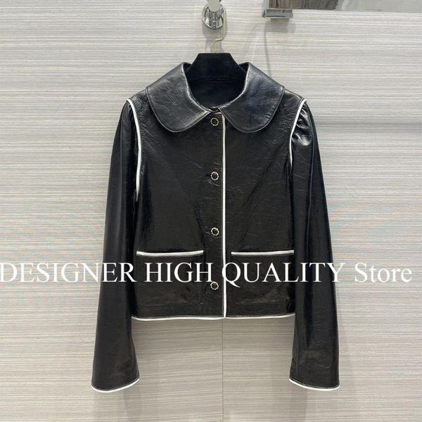 

women's leather & faux luxury 100% sheepskin black jackets women 2021 high-end brand lapel puff shoulder single breasted retro street c
