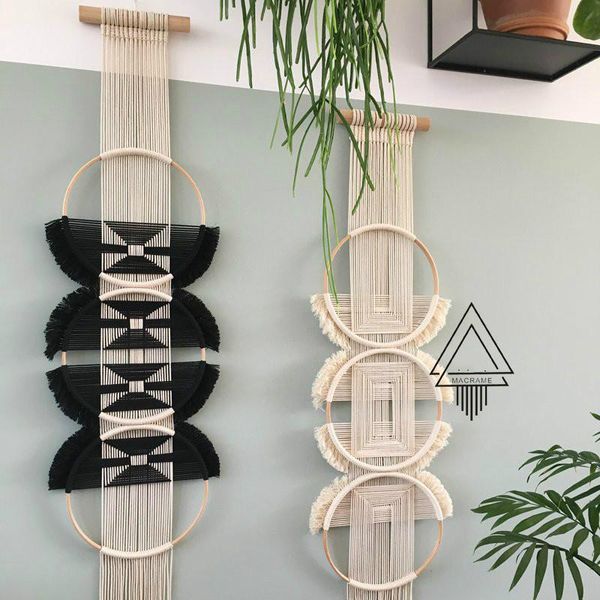 Arazzi Anelli Macrame Tessuto a mano Arazzo appeso a parete Decorazione domestica messicana in bianco e nero Arredamento bohémien Dormitorio universitario Nastri per fattoria