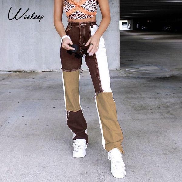 

weekeep vintage patchwork tassel jeans womens high waisted capris panelled cargo pants streetwear straight denim trousers summer, Blue