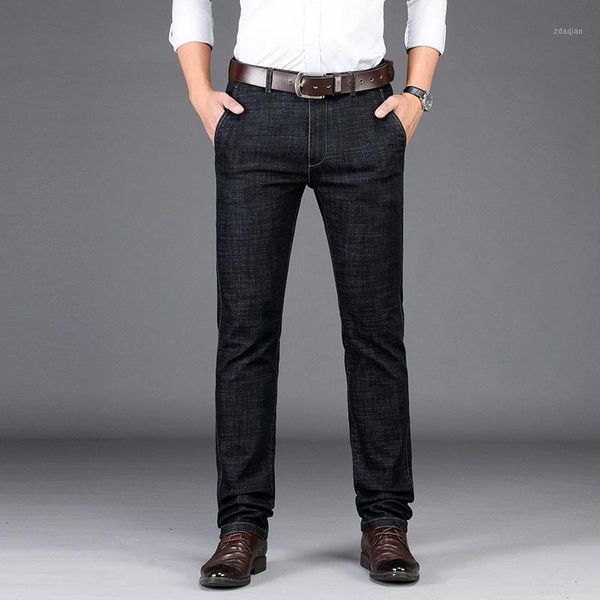 

autumn and winter men's casual straight jeans high waist stretch thick, Blue