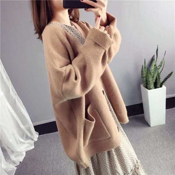 

2021 autumn new medium and long knitted jacket women's lazy wind loose wear spring net red sweater cardigan, Black