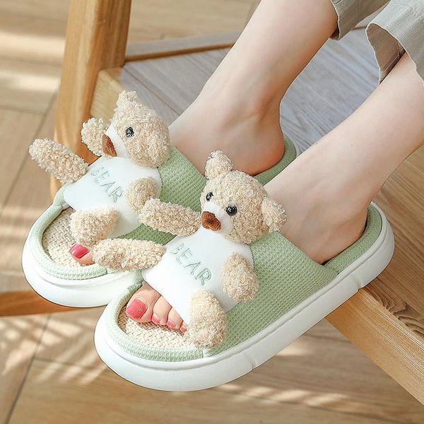 

slippers summer cartoon linen thick sole women men boys girls bear beach shoes cotton indoor non-slip sandals flip flops slipper, Black