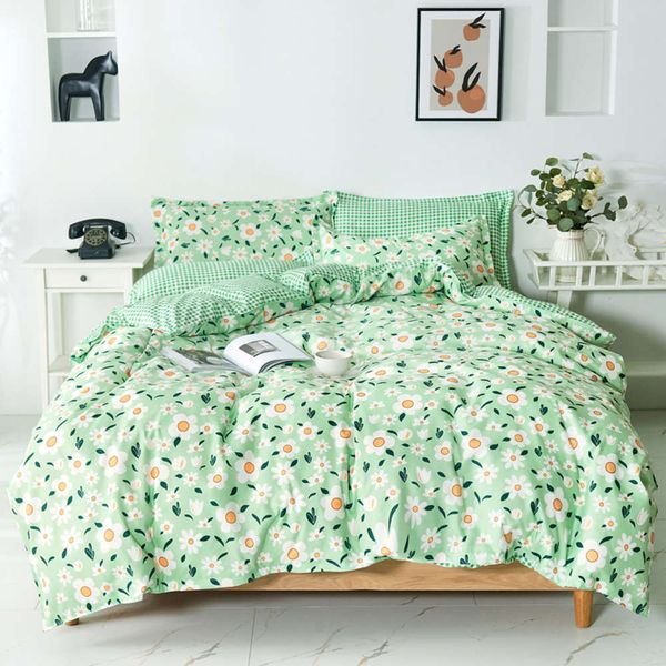 

claroom cute green flower bedding set daisy bed linens simple duvet cover flat sheet  king set hj64*