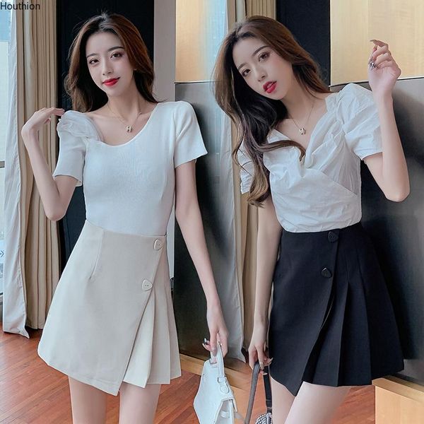 

skirts houthion women's high waist two buttons slim casual fashion zipper solid color skirt summer, Black