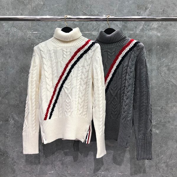 

women's sweaters fashion brand men's and women's tb thom sweaters, tight turtleneck striped wool cotton clothes, thick winter, White;black