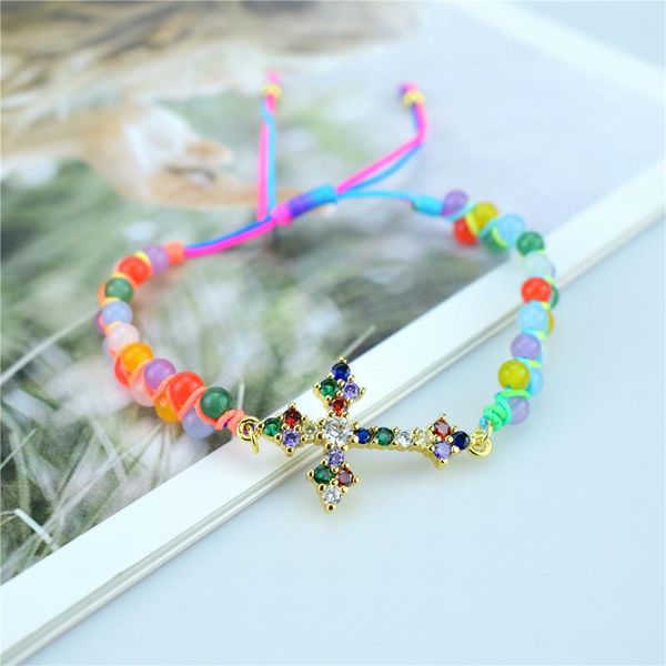 

tennis 2021 cz cross bow ladies fashion bracelet hand woven colorful stone charm jewelry wholesale, Golden;silver