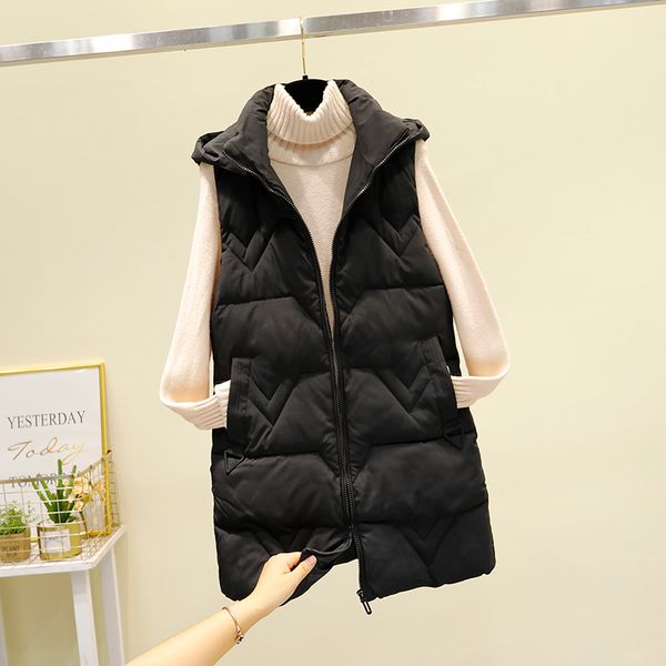 

2021 women casual new autumn winter sleeveless vest cotton padded coat female hooded long parkas waistcoat ladies outwaer o0yf, Black;white