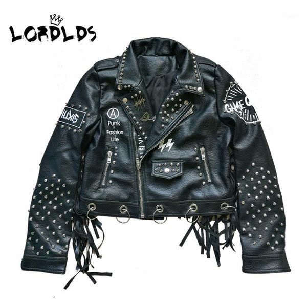 

lordlds women black leather tassel jacket 2019 streetwear zipper rivet fashionblogger punk jackets woman coats outwear1, Black;brown