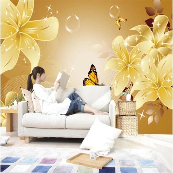 

wallpapers custom self adhesive wallpaper 3d large murals beautiful romantic golden lily tv decoration painting papel de parede waterproof