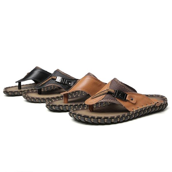 

slippers 2021 summer pu leather mens beach sandals comfort man casual shoes plus size male flip flops footwear zapatilla hombre, Black