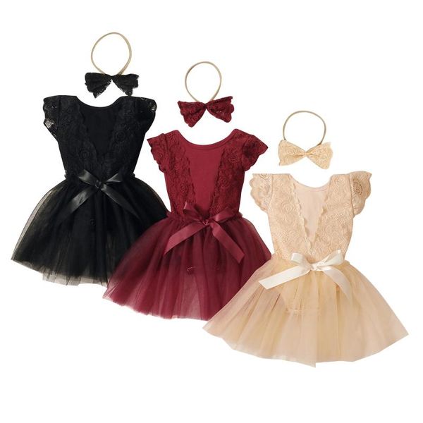 

clothing sets baby girls 2pcs summer outfits, cute sleeve lace romper + tulle skirt headband set, White