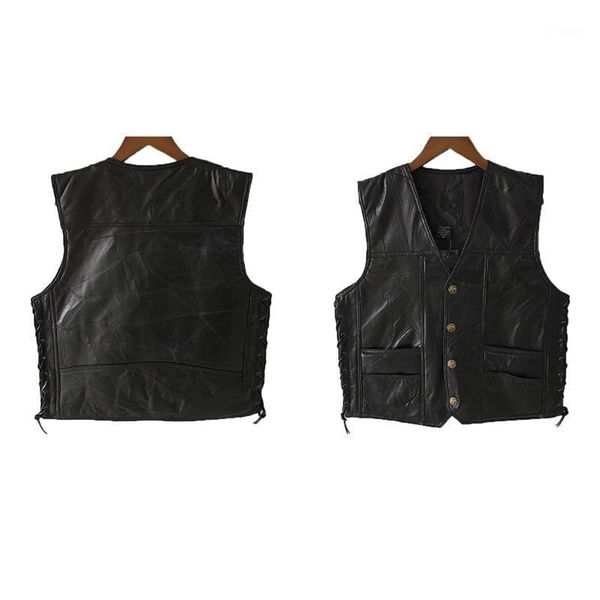 

men's vests black leather motorcycle vest for men genuine punk biker lace button autumn sleeveless jacket, Black;white