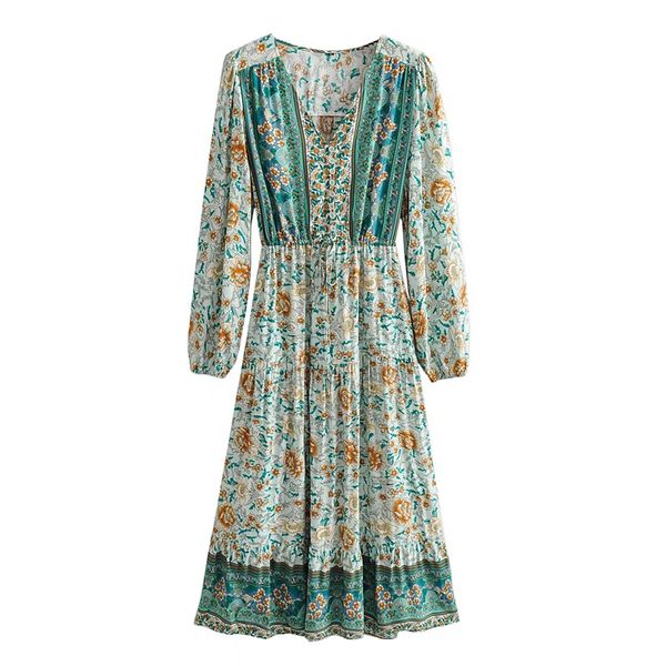 

bohemia buttons v neck mint floral print boho long sleeve dress woman adjustable lacing up waist mid calf long holiday dresses, Red