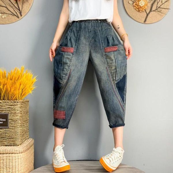 

women's jeans chinese style spring summer ladies casual pockets women vintage loose harem pants oversized elastic denim trousers s1218, Blue