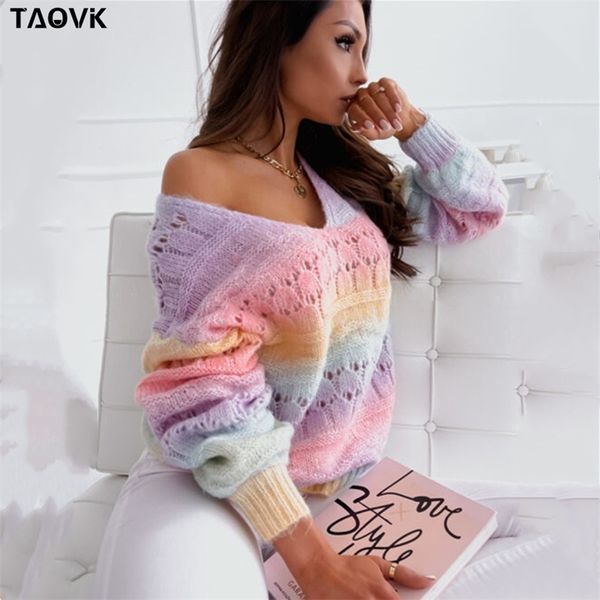 Taovk arco-íris de malha camisola feminina doce v-pescoço de decote s pulôver manga longa doces casuais chique jumpers 210812