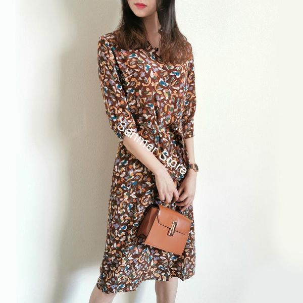 

2021 new 100% seda feminina meados bezerro vestido de manga comprida impresso nico breasted primavera vero com decote em v rendas laides 35c, Black;gray