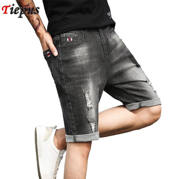 

men's jeans ripped hole denim shorts men summer black grey distressed bermuda male embroidery logo designer young short, Blue