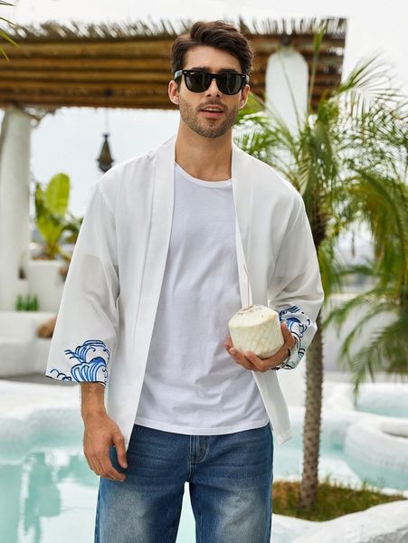 

men graphic print open front kimono v7zm#, White;black