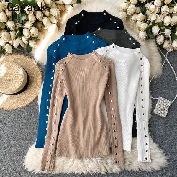 

women's sweaters gagaok knitted sweater women 2021 spring autumn turtleneck high street solid button slim japanese fashion pullover, White;black