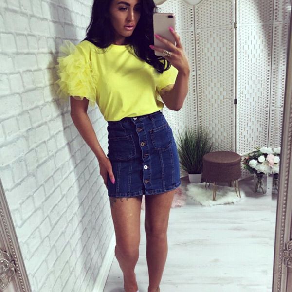 

women's blouses & shirts elegant women summer layered lace tulle ruffle short puff sleeve shirt ladies loose casual blouse top, White
