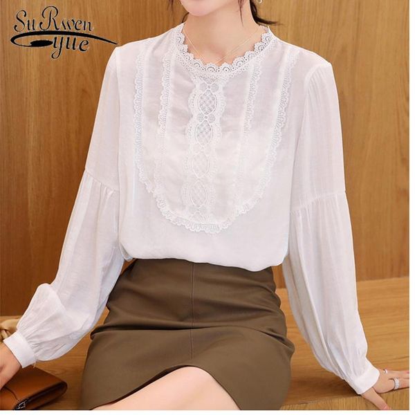 

women's blouses & shirts 2021 blusas mujer de moda long sleeve chiffon lace shirt elegant solid comfort women blouse lantern oneck clot, White