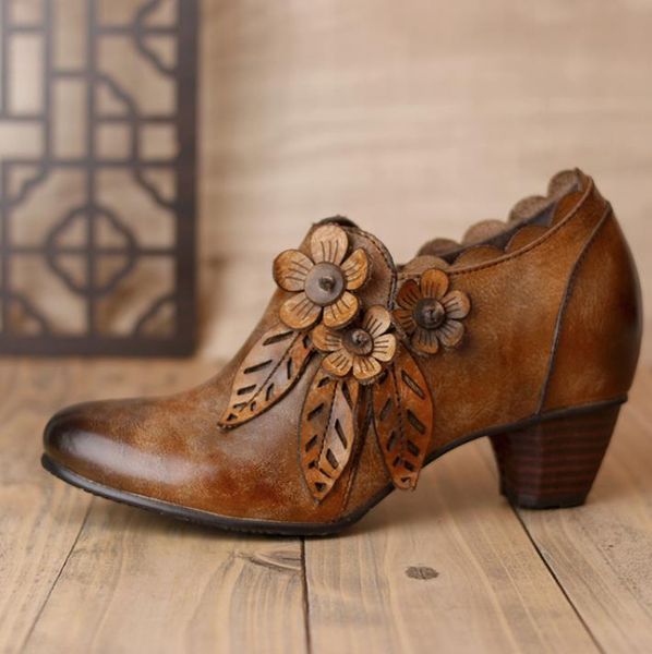 

dress shoes 2021 round head handmade retro women's fashion single side zipper high heel mid-heel, Black