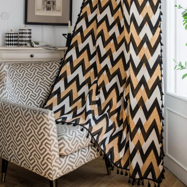 

black-golden wave tassel lace curtain for living room simple geometric stripe window finished curtains for bedroom zh229z